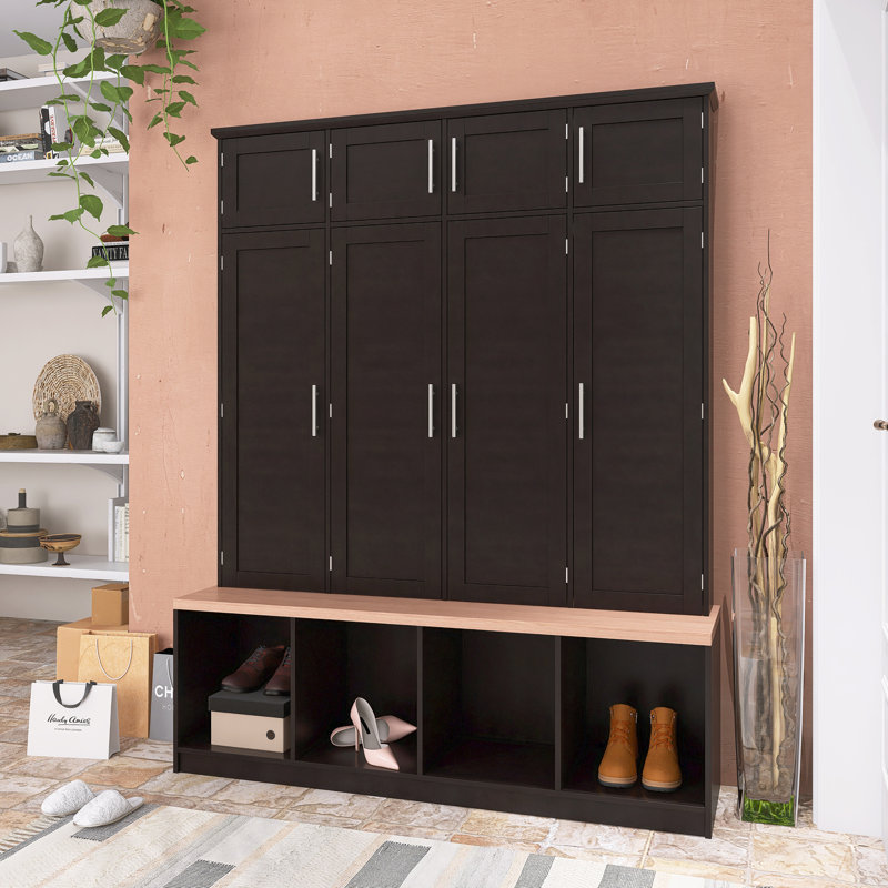 Farmhouse Hall Tree  59" Width X 75" With 4 Hidden Hanging Hooks And Seating Bench, Black