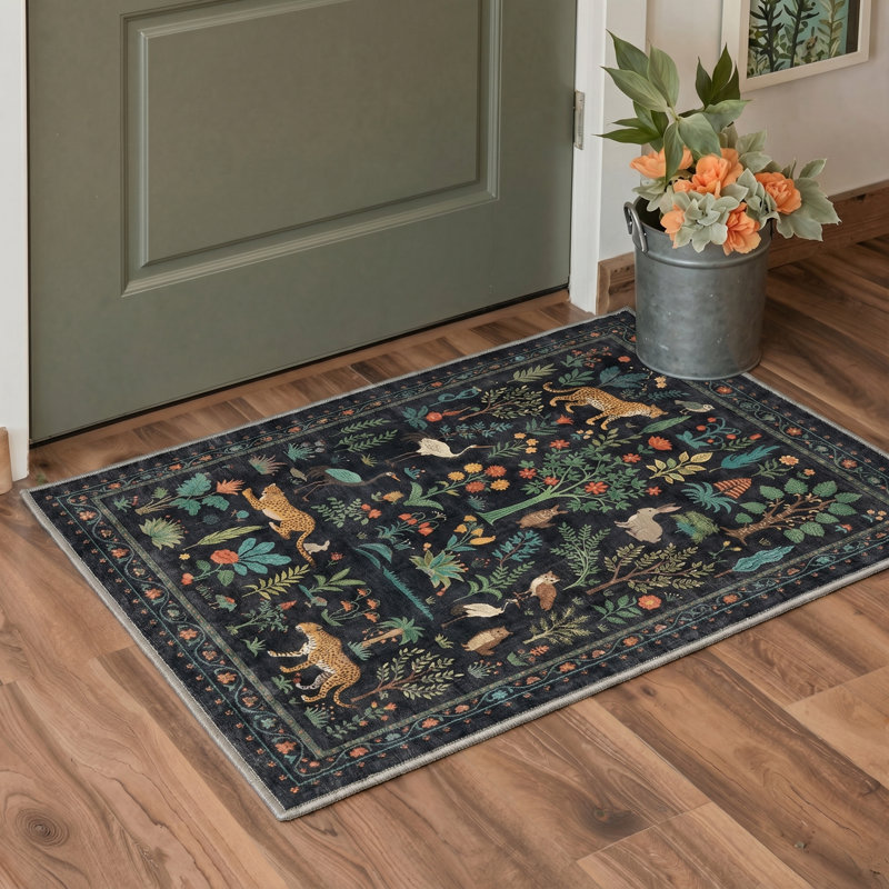 Veridian Floral Machine Washable Green / Black Indoor Area Rug with Non-Slip Backing, Rectangle 8' x 10'