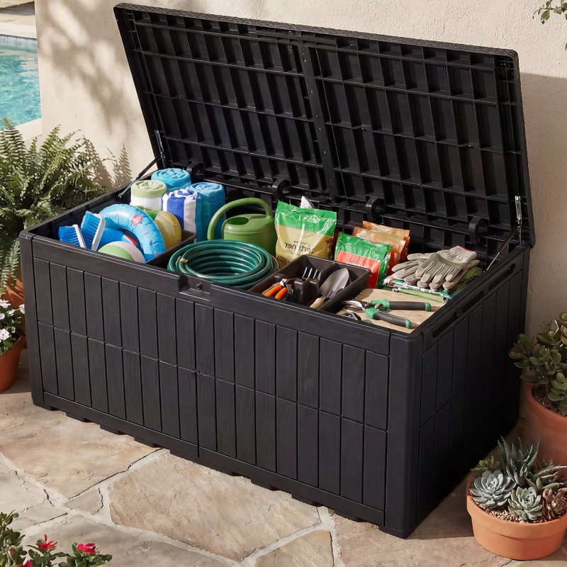 Balconera 240 Gallon Resin Outdoor Deck Box With Lock, Black, 240