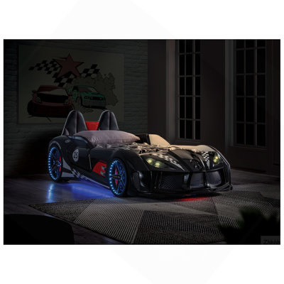 Modern Novelty Style Twin Size Bed Race Car Design Attached Two Magnetic Doors With LED Lights On Wheels And Bottom Upholstery HB Black Finish
