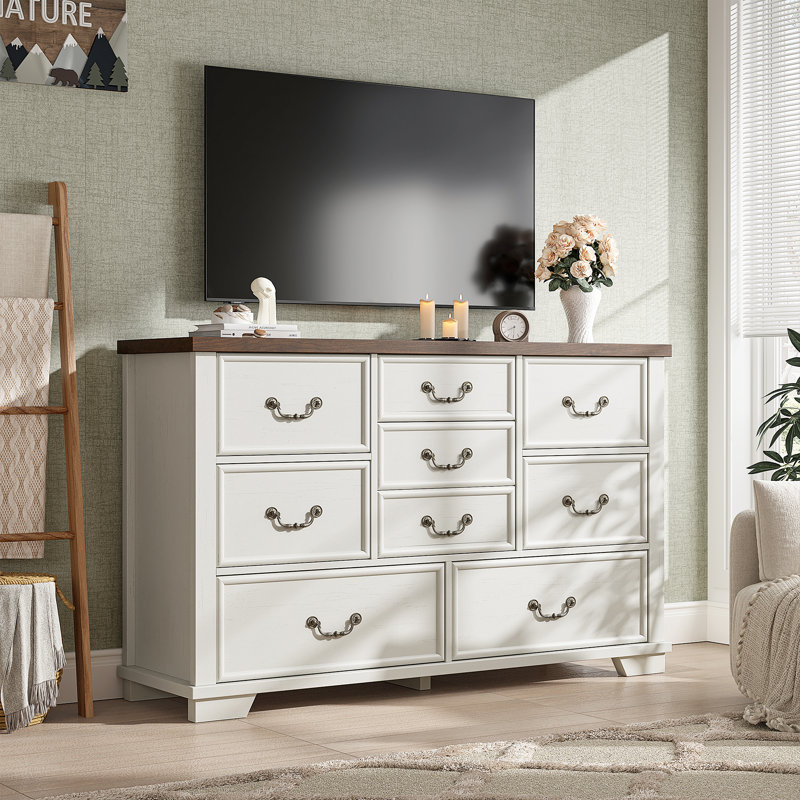 Antique White and Brown Wooden 9-Drawer Dresser with Metal Handles
