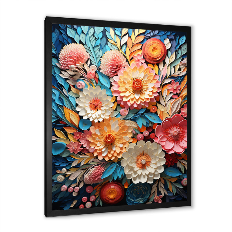 Rose et bleu abstrait botanique sur toile, H 44 po x l 34 po x P 1,5 po, Cadre simple noir