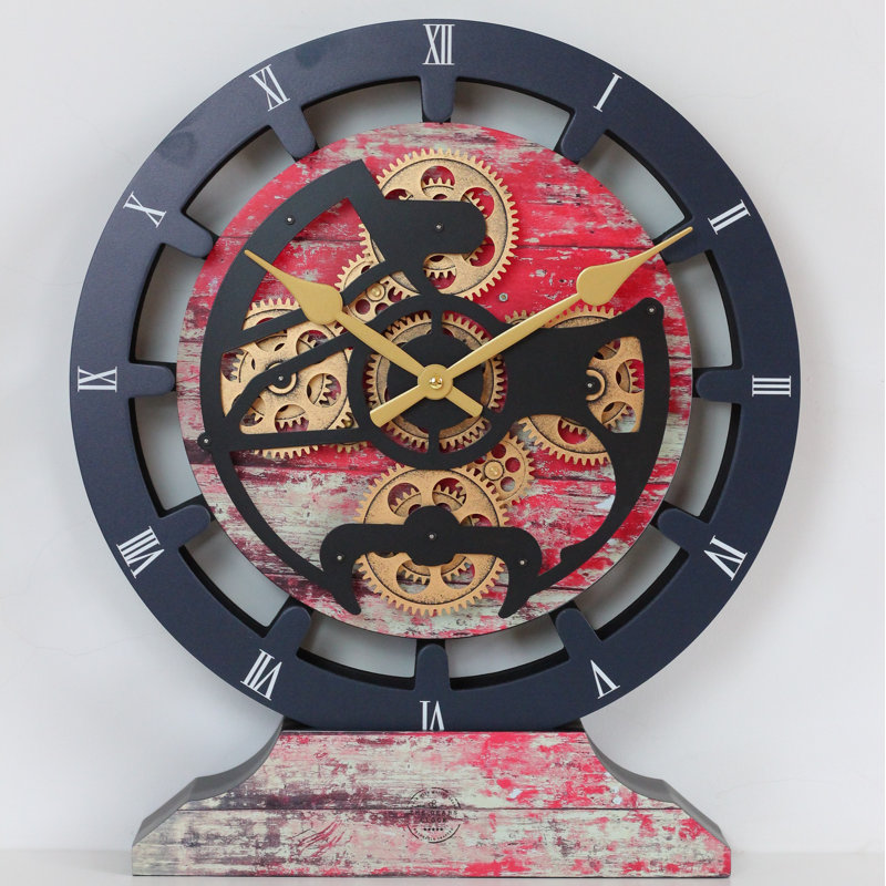 Mantel Clock 16" Round for Living Room decor with Real Moving Gears transformable into a Wall Clock (detachable base) Canada Collection