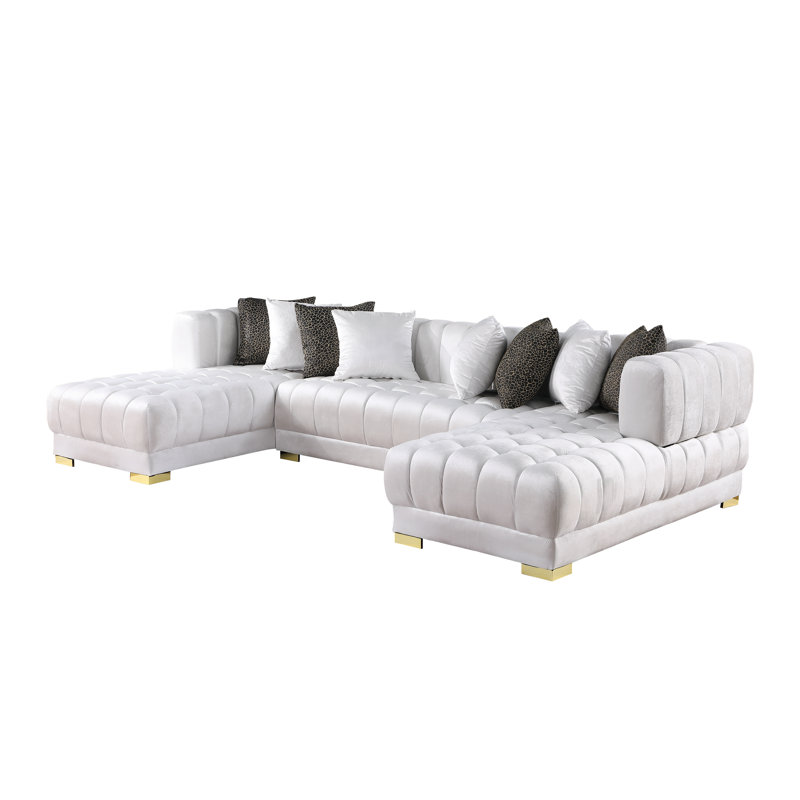 Mayford Double Chaise Modern White Velvet Sectional With Pillows And Gold Legs, White Velvet, Gold