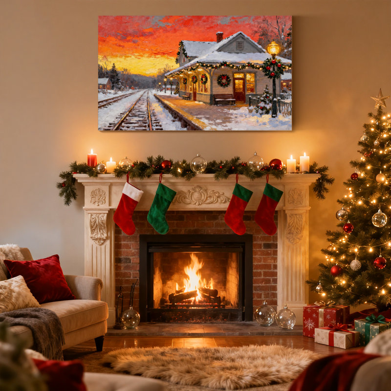 «Christmas Winter Station Christmas Sunset Snowy Traces», ensemble de 3 impressions sur toile, H 12 po x l 18 po