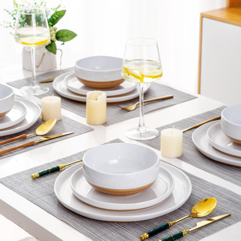 White and Terracotta Ceramic Dinnerware Set for 4, 12 Pieces
