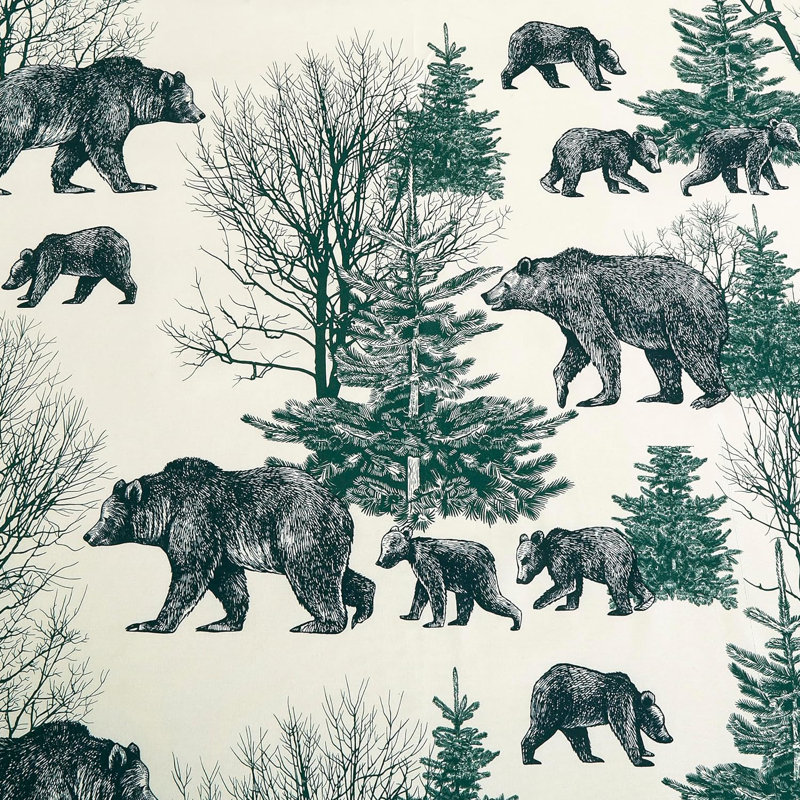 Blue Green Grizzly Bear Lodge Window Curtain Set with Sheer Backing