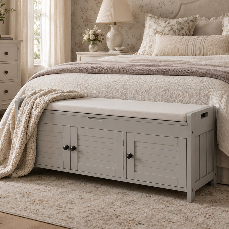 Linen Blend Upholstered Storage Bench, Gray Wash