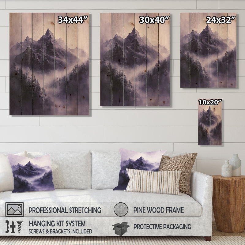 «Misty Peaks In The Twilight IV», paysage de montagnes, art mural sur bois de pin naturel, H 20 po x l 10 po x P 0,78 po