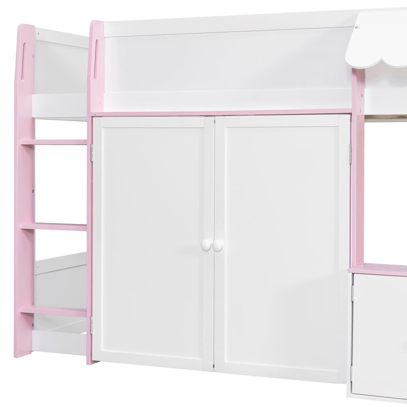 Modern House Style Low Loft Bed With Storage Cabinet, Full Size, Pink/White