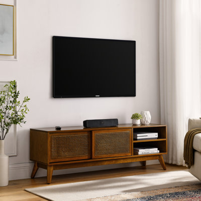 59 Inch Mid-Century Modern Rattan TV Stand, Media Console With Solid Wood Feet & Rattan Doors, Light Wood, Fits 65 Inch TV For Living Room