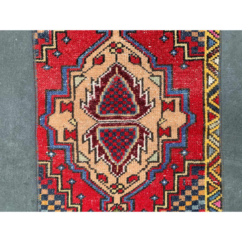 Ethnic Patchwork Wool Rug, 17.3x29.9 Inch Red Rug