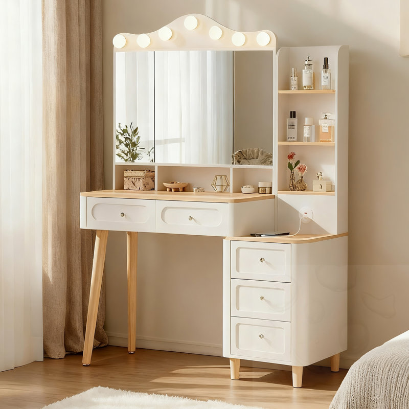 Foldable Three-Sided Mirror Storage Vanity Desk With Lights And USB Power Strip