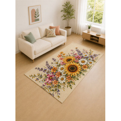 Tapis de tournesol crème et jaune à motif de tournesol de 5 pi x 7 pi pour salon, chambre à coucher et bureau à domicile «Ultra Léger», tapis doux à poils courts avec envers en silicone antidérapant