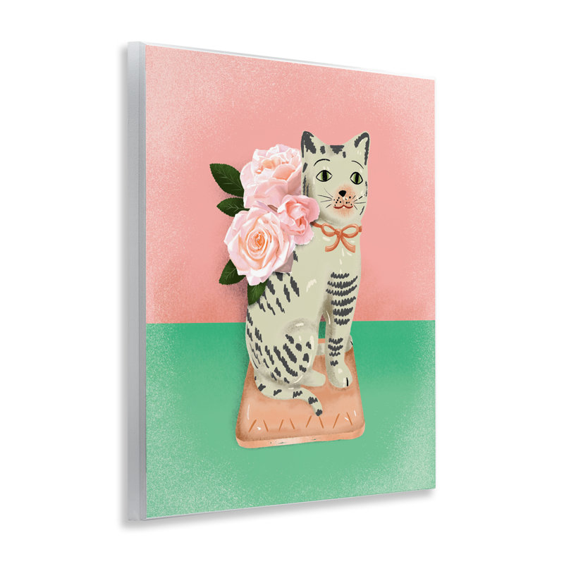Sculpture murale rétro en forme de chat rose et vert, design par Jilly Jack Designs