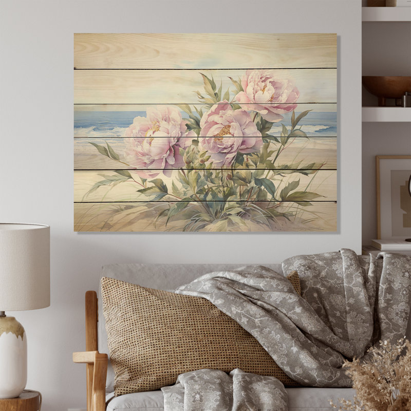 Purple Serenity Peonies On The Beach - Peonies Wood Art On Natural Pine Wood, 24" H x 32" W