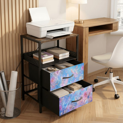 Table de chevet 2 tiroirs avec station de charge, table de chevet pour chambre à coucher avec ports USB, tablette ouverte noire, table de chevet avec imprimé papillons pastel Dreamy