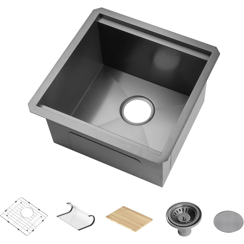 Lefton 17"x17" Stainless Steel Single Bowl Kitchen Bar Sink, Undermount Workstation Sink For Rv With Accessories, 10" Deep