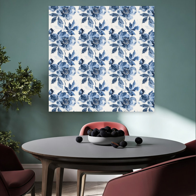 Indigo botanique répétition élégante pivoine éthérée romantique, art mural, 36" H x 36" W