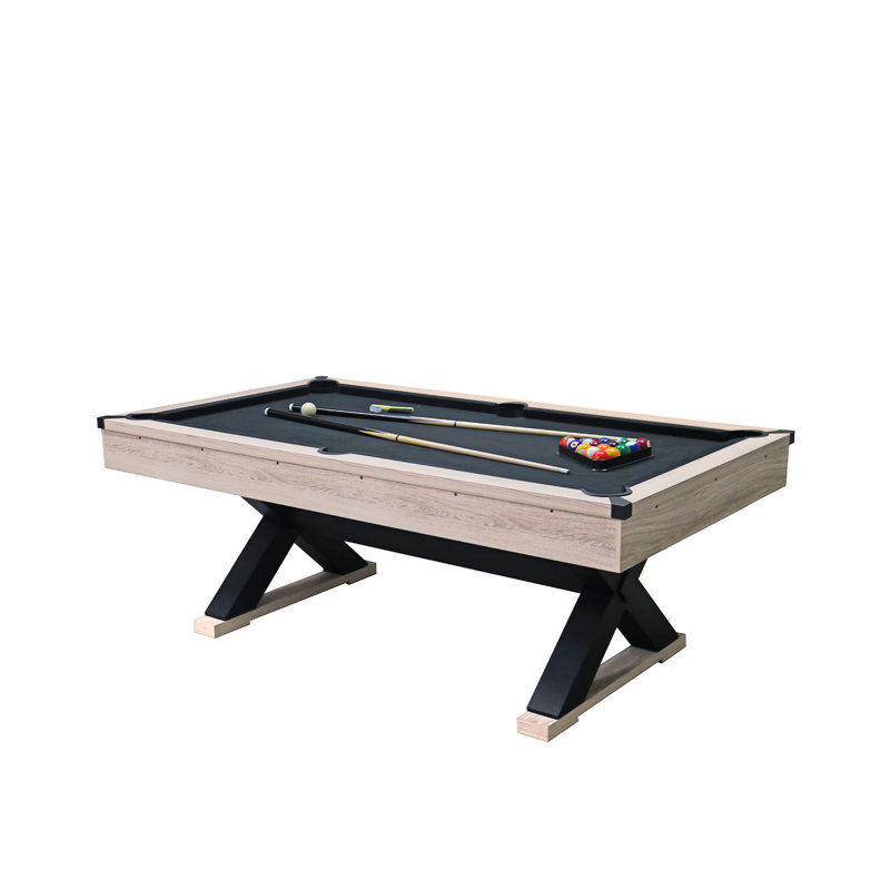 Ensemble de table de billard 7 pieds avec accessoires, table de billard industrielle avec pieds en X, 2 boules, triangle, craie et brosse, table de jeu peu encombrante pour salle de jeux, sous-sol, noir