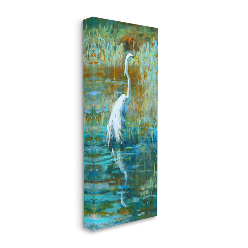 «Au-453», toile «Aigrette», natation, étang, nature sur toile par Kathleen Broaderick, peinture, H 48 po x l 20 po x P 1,5 po