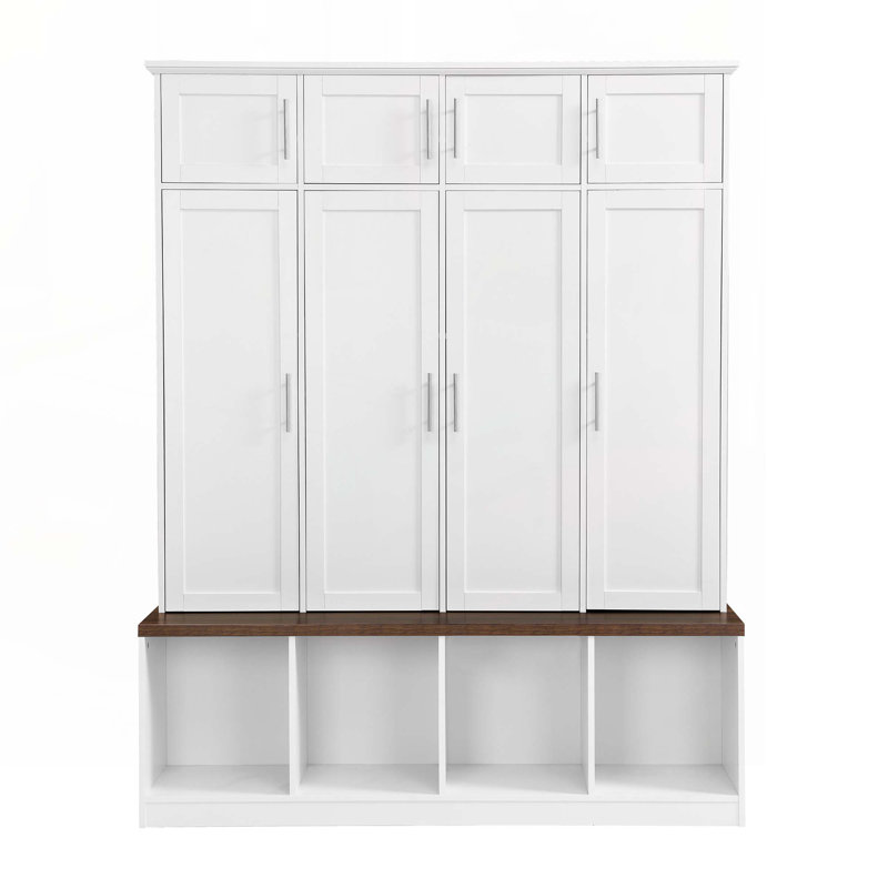 Hall Tree with 4 Hanging Hooks, Wood Grain Bench with Multiple Storage Space, White