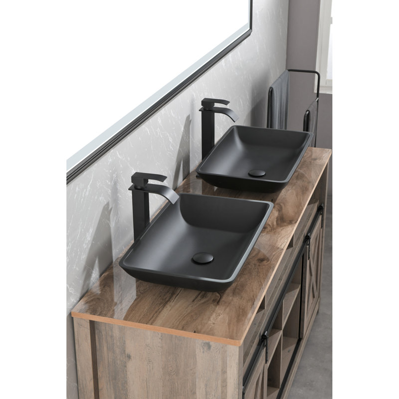 Lavabo de salle de bain en verre noir mat 22 po. Robinet et bonde escamotable. Style classique. Corrosion contre la rouille. Ensemble complet d'évier avec cuve rectangulaire. Conception élégante. Corrosion. Tout compris
