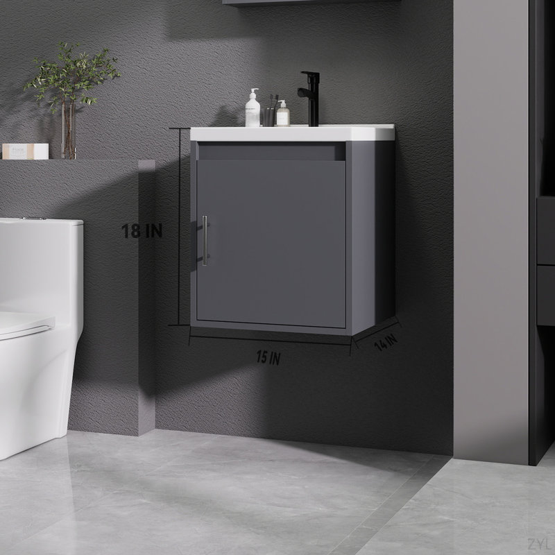 Meuble-lavabo 16 po avec lavabo en céramique et porte d'armoire à fermeture en douceur, fixation murale flottante, bonde escamotable, siphon en P inclus (sans robinet), K1 (incluant A +)
