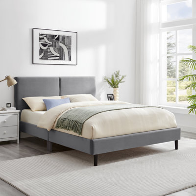 Low-Profile upholstered Headboard Platform Bed with Gray Velvet Fabric