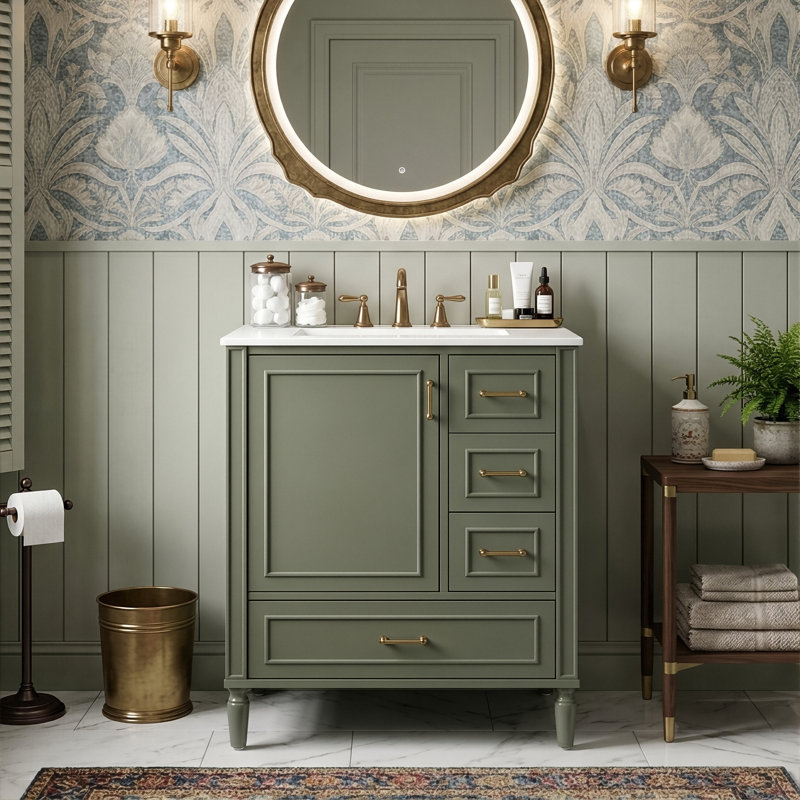 Meuble-lavabo autoportant de 24 po avec lavabo en céramique, armoire moderne avec 3 tiroirs divers, poignées dorées et support de porte