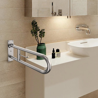 Flip-Up Stainless Steel Bathroom Grab Bar With Toilet Paper Holder Wall Mounted For Elderly Or Disabled Assistance
