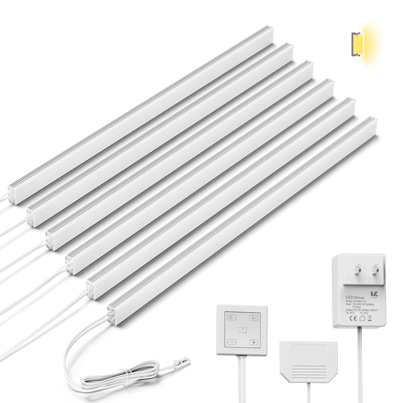Lumières DEL sous l'armoire de 12 po V4light en aluminium, paquet de 6 barres ultra-minces, gradateur tactile à brancher et à brancher, température de couleur réglable de 2700 K à 6500 K, raccord sans soudure, installation facile pour la cuisine / garde-robe / tablette