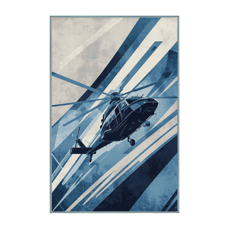Soft Plush Eddy Rescue Helicopter Modern Area Rug in Gray – SkyBlue Binding, 5x7