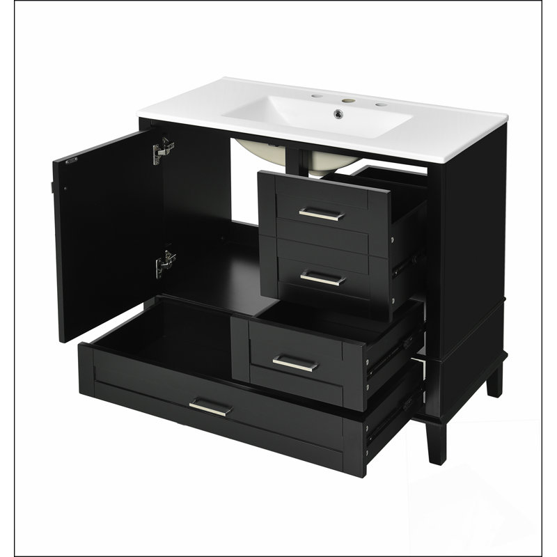 Meuble-lavabo moderne 36 po avec cadre en pin massif, 1 porte à fermeture douce et 3 tiroirs, armoire de rangement moderne