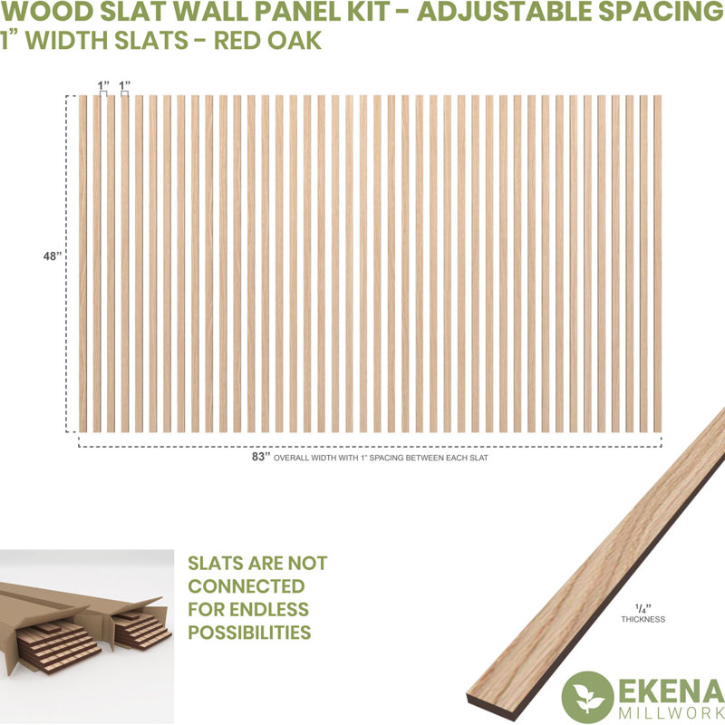 Ensemble de panneaux muraux réglables à lattes de bois, L 1 po x H 47 po x T 0,25 po, Chêne rouge