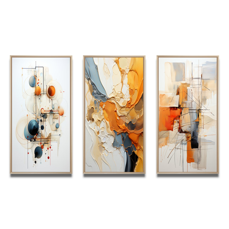 Sarcelle orange, dessin au trait, symbolisme conceptuel - art mural, ensemble de 3, Cadre naturel flottant, H 20 po x l 36 po