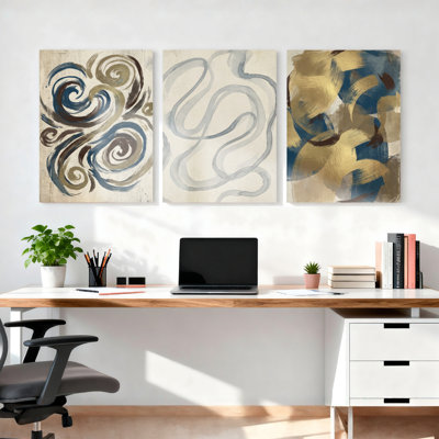 Abstract Swirls And Curves Canvas Wrapped Wall Art Oil Painting Print Set Of 3 For Living Room Bedroom Home Decor