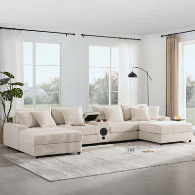 144" U-Shaped Corduroy Sectional With Bluetooth Speakers, Charging Console & Storage Ottoman