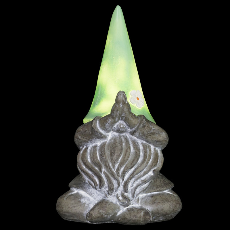 Solar Powered Resin Meditating Gnome with LED Hat, 11 Inch