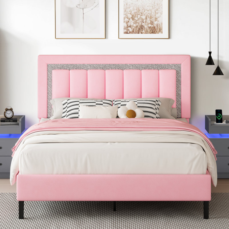 Ensemble de lit plateforme tapissier Diamond, Grand, Rose