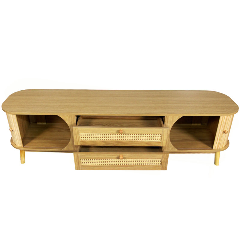 Meuble télé en rotin pour téléviseur de 75 po ou moins, console multimédia de style campagne moderne avec pieds en bois massif et rangement spacieux, meuble télé