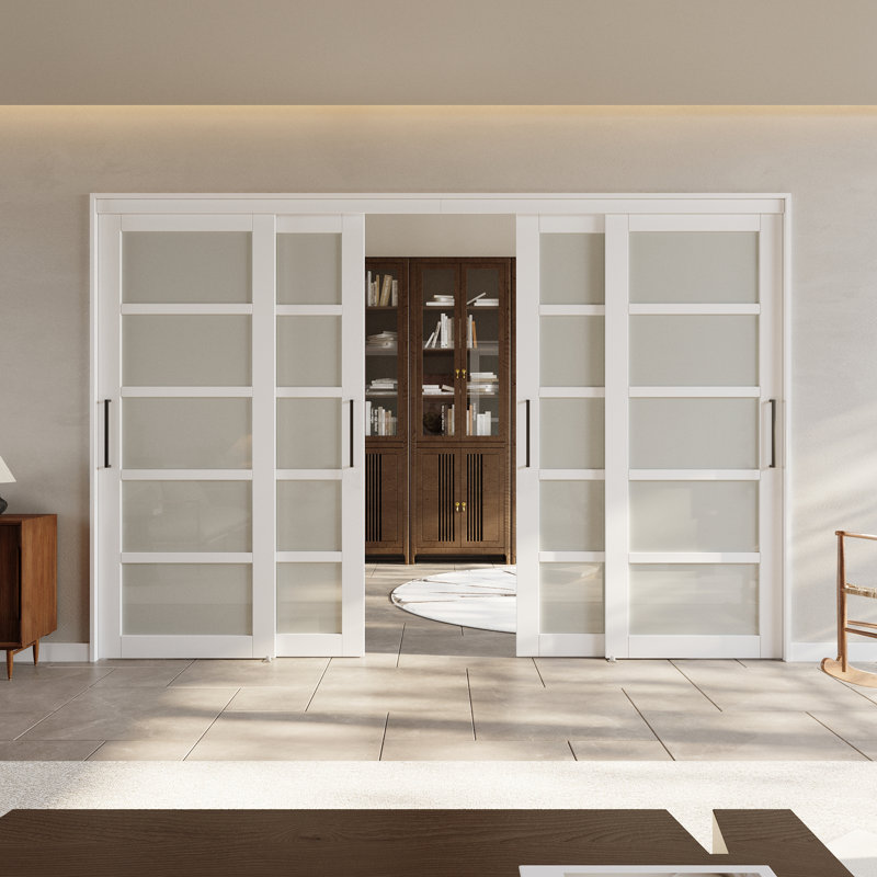 Double porte de garde-robe de 120 po x 80 po à 5 portes en verre givré avec quincaillerie et poignées pour très grand lit, 4 panneaux de porte