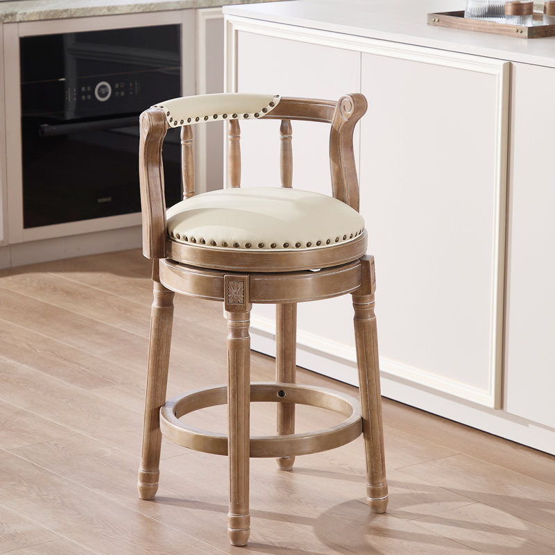Height Swivel Stool with Back, Top-Grain Leather Upholstery, Solid Wood Legs, Ivory, Counter Stool (26" Seat Height)