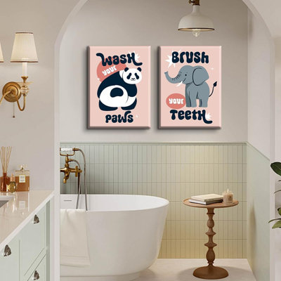 Funny Kids Bathroom Animals Canvas Wall Art Rustic Restroom Funny Hint Pictures Elephant Brushing Teeth Painting Panda Wash Paws Artwork Animals Poster For Bathroom Restroom Wall Decor Framed 12X16in