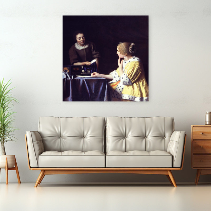 Lady Maidservant Holding Letter Classic Contemporary Orchid Violet Wall Art Print by Johannes Vermeer - Wrapped Canvas Print