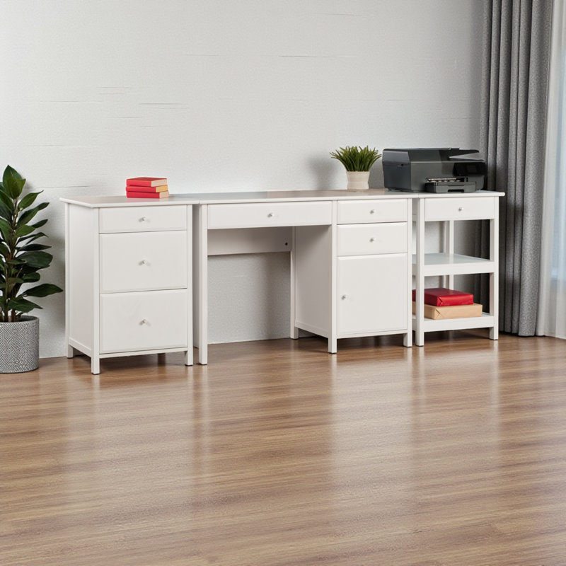 Aisha 3 Solid Wood Writing Desk Office Set in White Finish, 30.60'' H X 47.05'' W X 19.85'' D, White