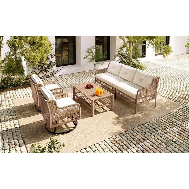 Ensemble de canapés de patio 4 pièces avec chaises pivotantes, Beige, Naturel