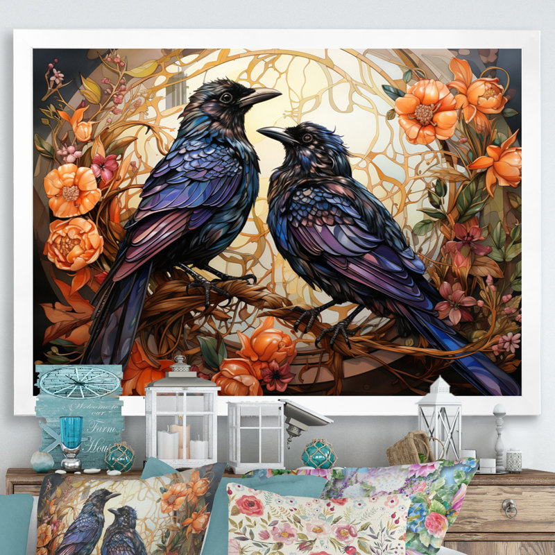 Corbeau enchanté monarques sur toile, H 24 po x l 32 po x P 1 po, Cadre simple blanc