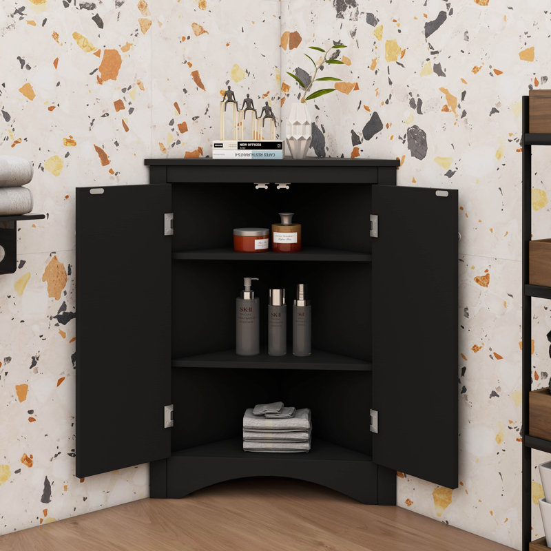 Armoire de coin triangulaire avec tablettes réglables et portes chics, Noir