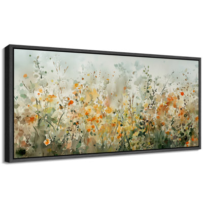 Green Orange Abstract Wildflowers Artwork, Watercolor Paint Strokes Effect Wall Pictures, Giclee Canvas Digital Print Extra Large Framed Wall Art